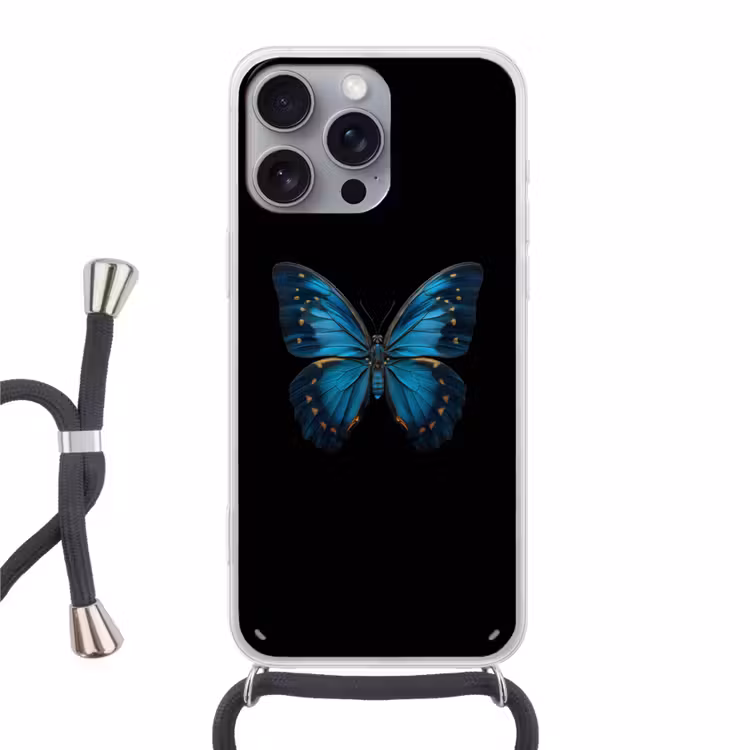 Vlinder - Blauw - Contrast Hoesje iPhone 16 Pro Max met koord klein -3d