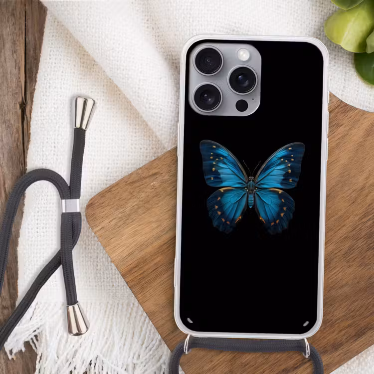Vlinder - Blauw - Contrast Hoesje iPhone 16 Pro Max met koord klein -sfeer4