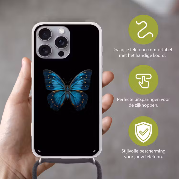 Vlinder - Blauw - Contrast Hoesje iPhone 16 Pro Max met koord klein -sfeer2_NL