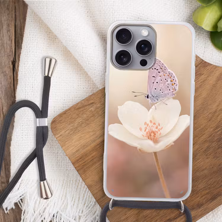 Vlinder - Bloem - Blauw Hoesje iPhone 16 Pro Max met koord klein -sfeer4