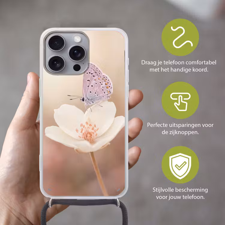 Vlinder - Bloem - Blauw Hoesje iPhone 16 Pro Max met koord klein -sfeer2_NL