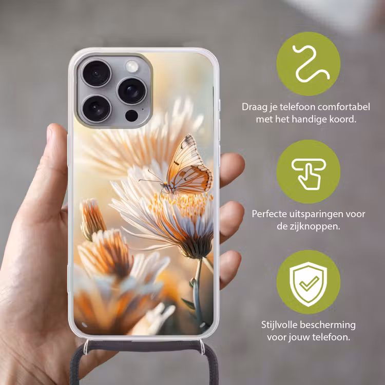 Vlinder - Bloem - Oranje Hoesje iPhone 16 Pro Max met koord klein -sfeer2_NL
