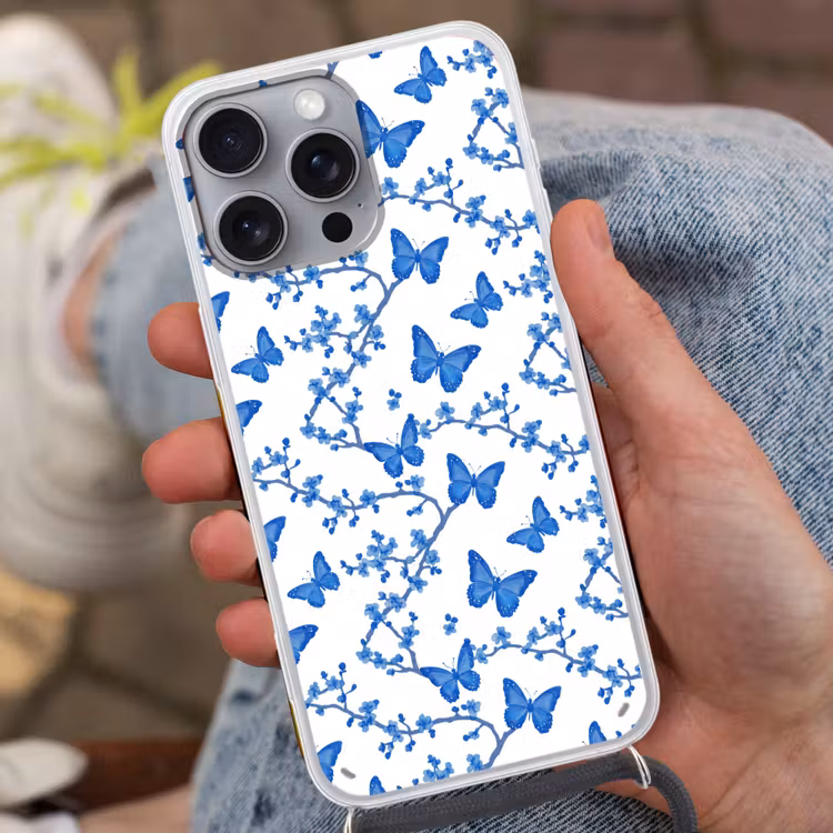 Vlinder - Bloemen - Blauw Hoesje iPhone 16 Pro Max met koord klein 804 -sfeer3