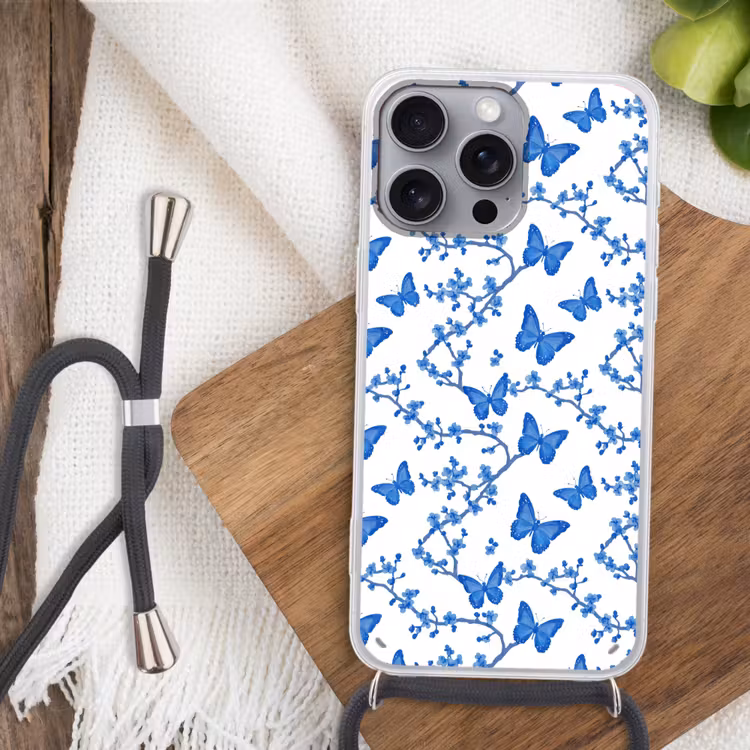 Vlinder - Bloemen - Blauw Hoesje iPhone 16 Pro Max met koord klein 804 -sfeer4