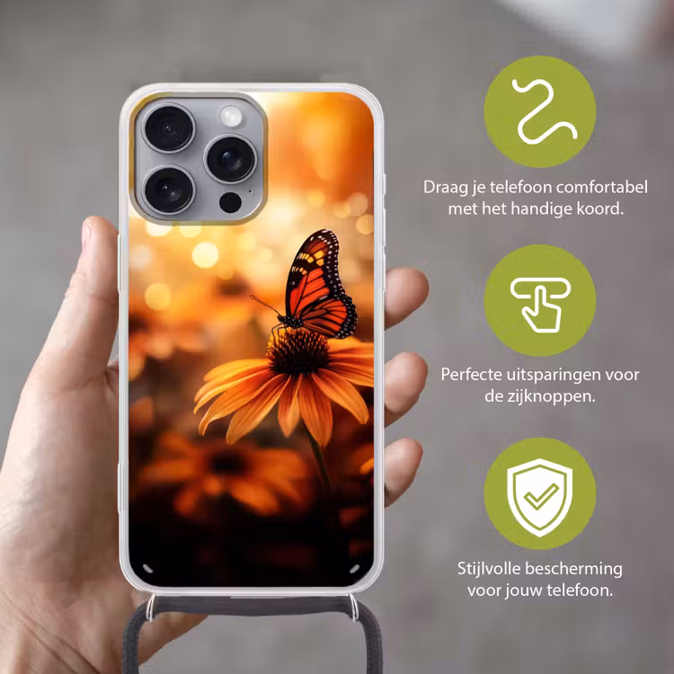 Vlinder - Bloemen - Oranje Hoesje iPhone 16 Pro Max met koord klein -sfeer2_NL