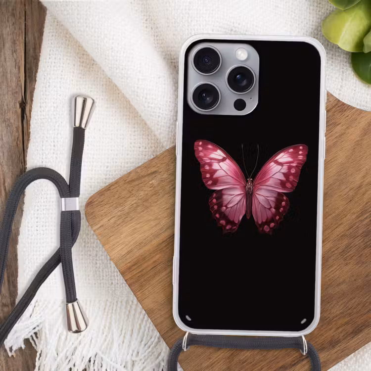 Vlinder - Fuchsia - Grafisch Hoesje iPhone 16 Pro Max met koord klein -sfeer4