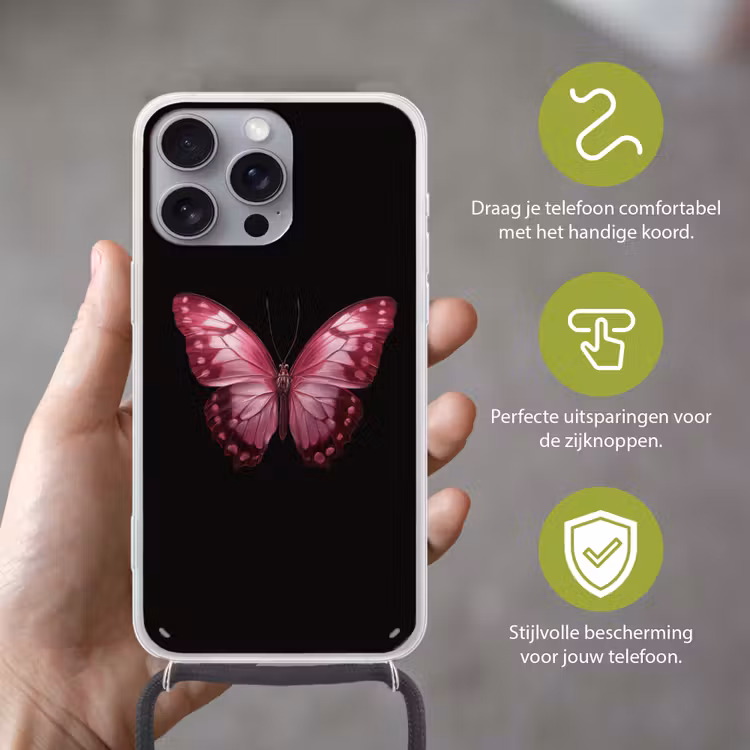 Vlinder - Fuchsia - Grafisch Hoesje iPhone 16 Pro Max met koord klein -sfeer2_NL