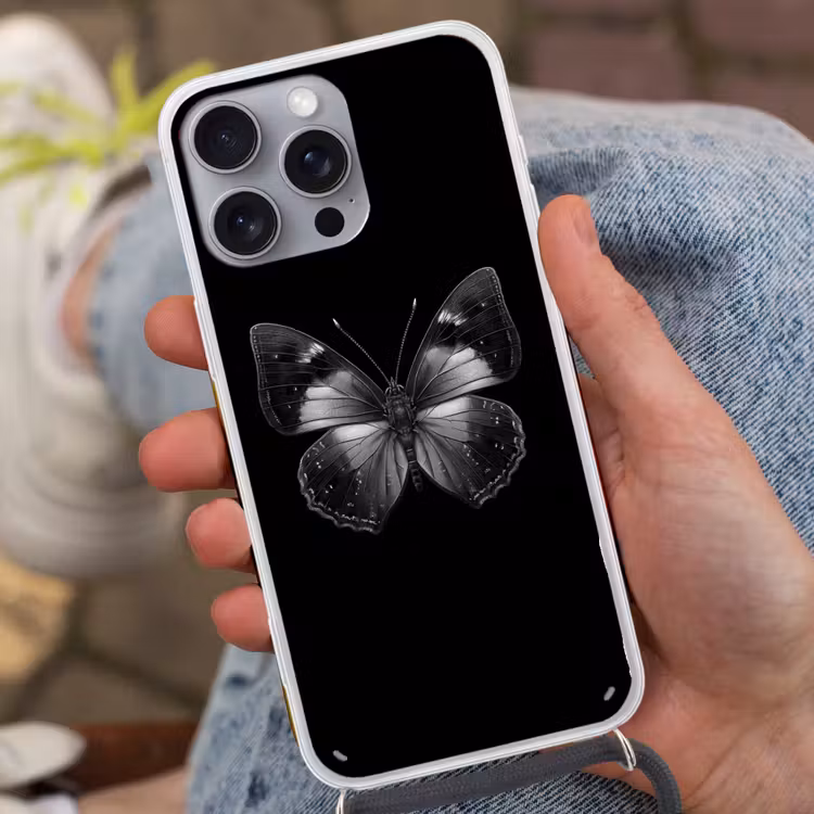 Vlinder - Grijs - Mysterieus Hoesje iPhone 16 Pro Max met koord klein -sfeer3