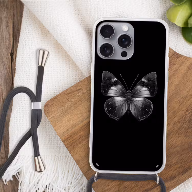 Vlinder - Grijs - Mysterieus Hoesje iPhone 16 Pro Max met koord klein -sfeer4