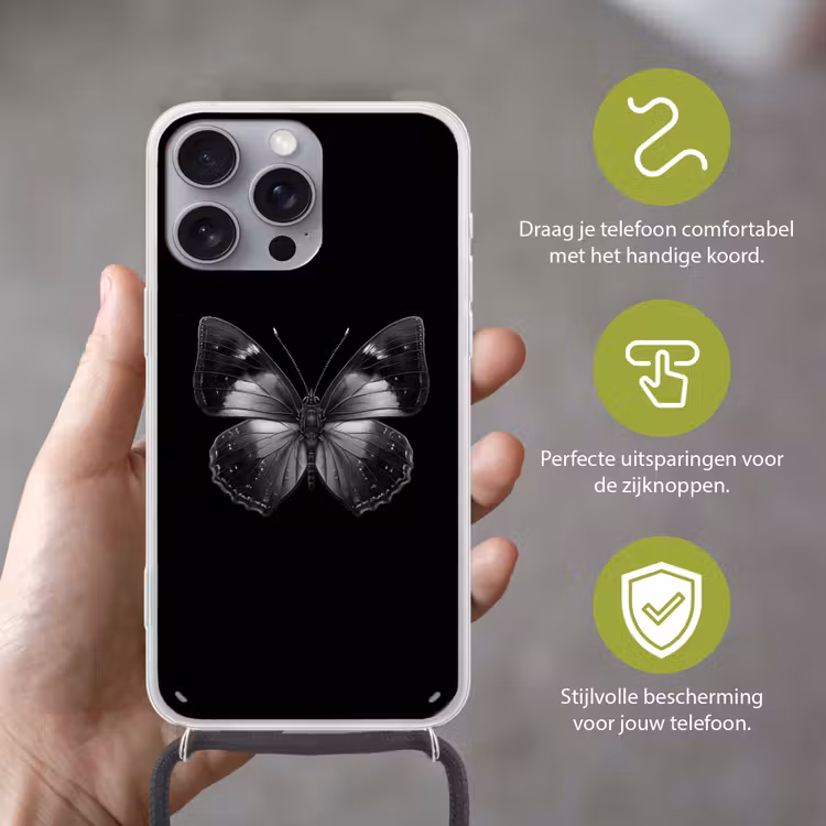 Vlinder - Grijs - Mysterieus Hoesje iPhone 16 Pro Max met koord klein -sfeer2_NL