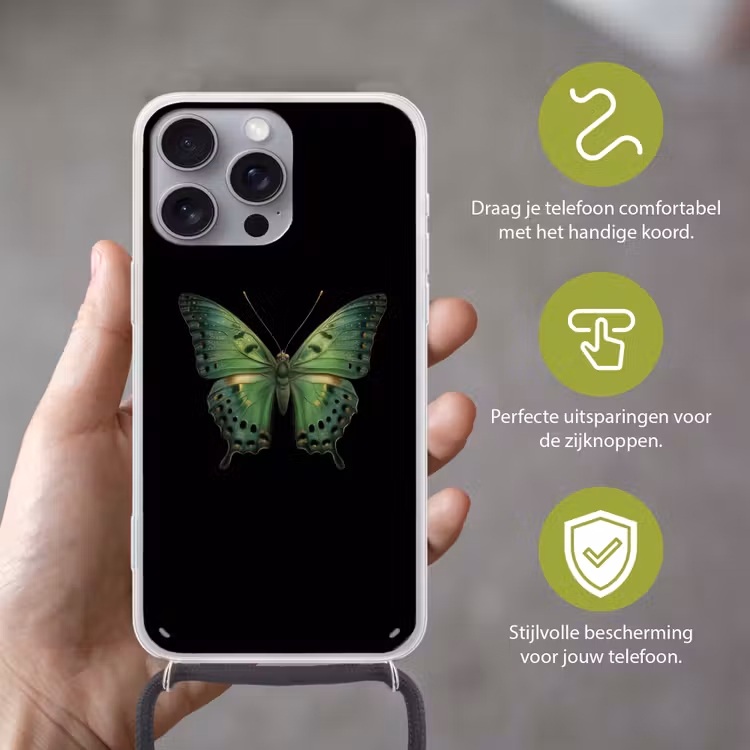 Vlinder - Groen - Diepte Hoesje iPhone 16 Pro Max met koord klein -sfeer2_NL