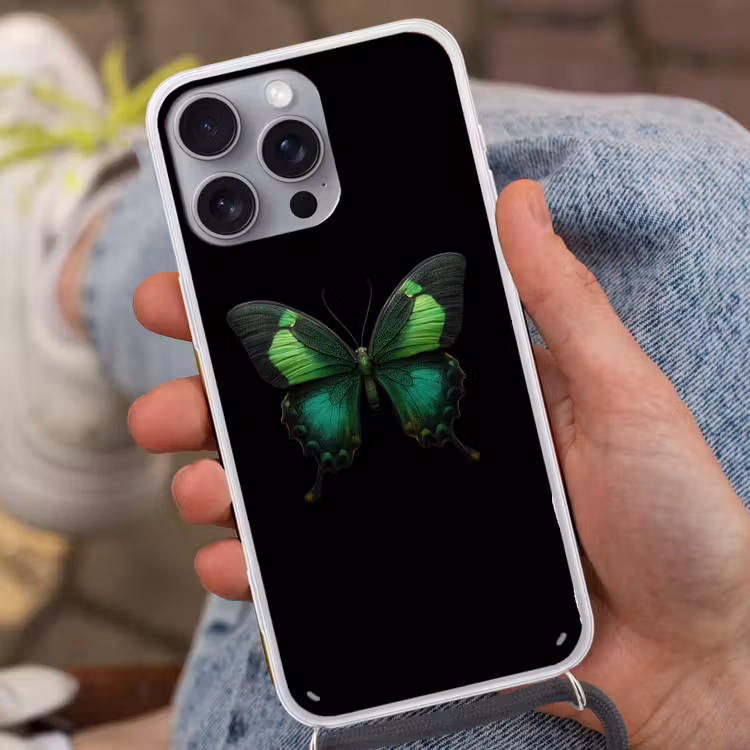 Vlinder - Groen - Opvallend Hoesje iPhone 16 Pro Max met koord klein -sfeer3