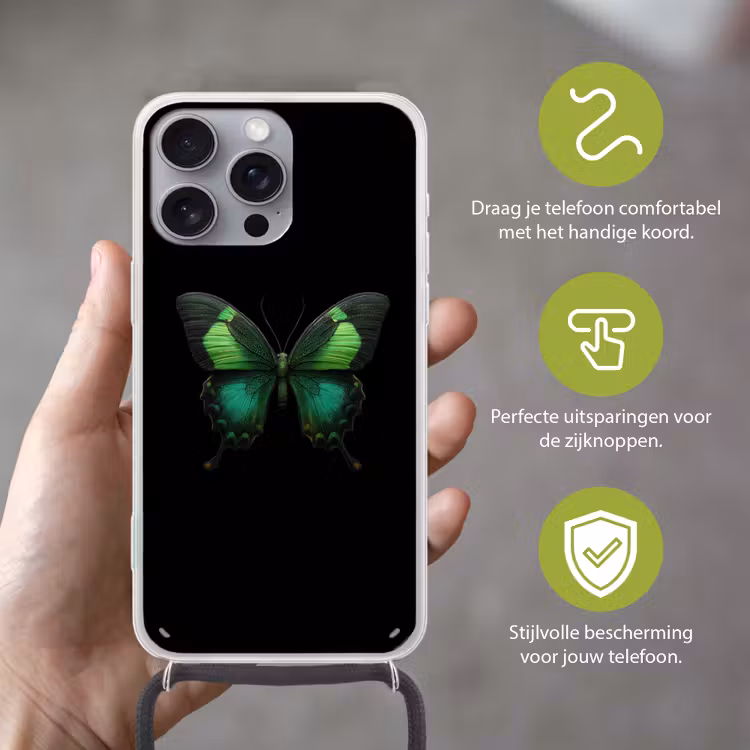 Vlinder - Groen - Opvallend Hoesje iPhone 16 Pro Max met koord klein -sfeer2_NL
