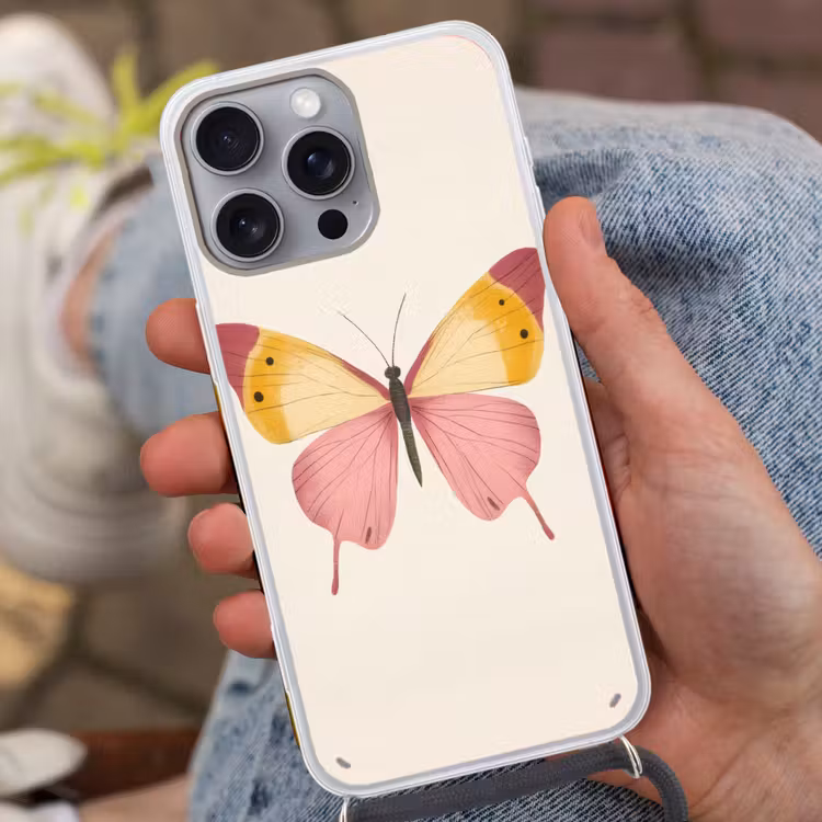 Vlinder - Illustratie - Roze Hoesje iPhone 16 Pro Max met koord klein -sfeer3
