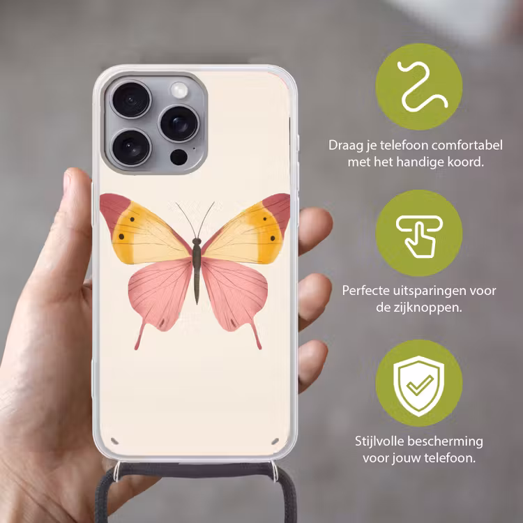 Vlinder - Illustratie - Roze Hoesje iPhone 16 Pro Max met koord klein -sfeer2_NL