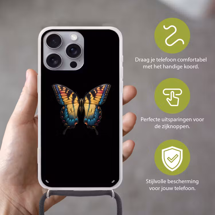 Vlinder - Kleurrijk - Speels Hoesje iPhone 16 Pro Max met koord klein -sfeer2_NL