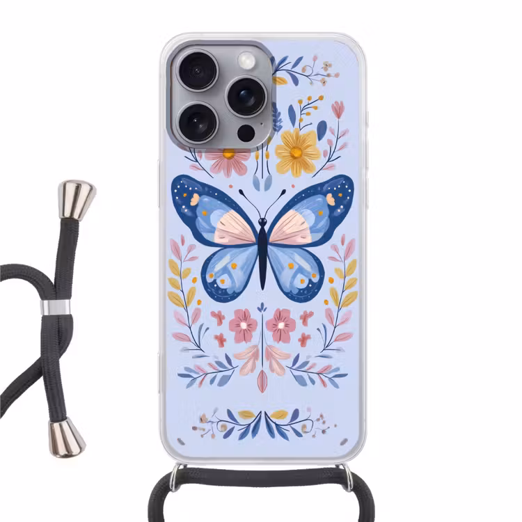 Vlinder - Lichtblauw - Sierlijk - Bloemen Hoesje iPhone 16 Pro Max met koord klein -3d