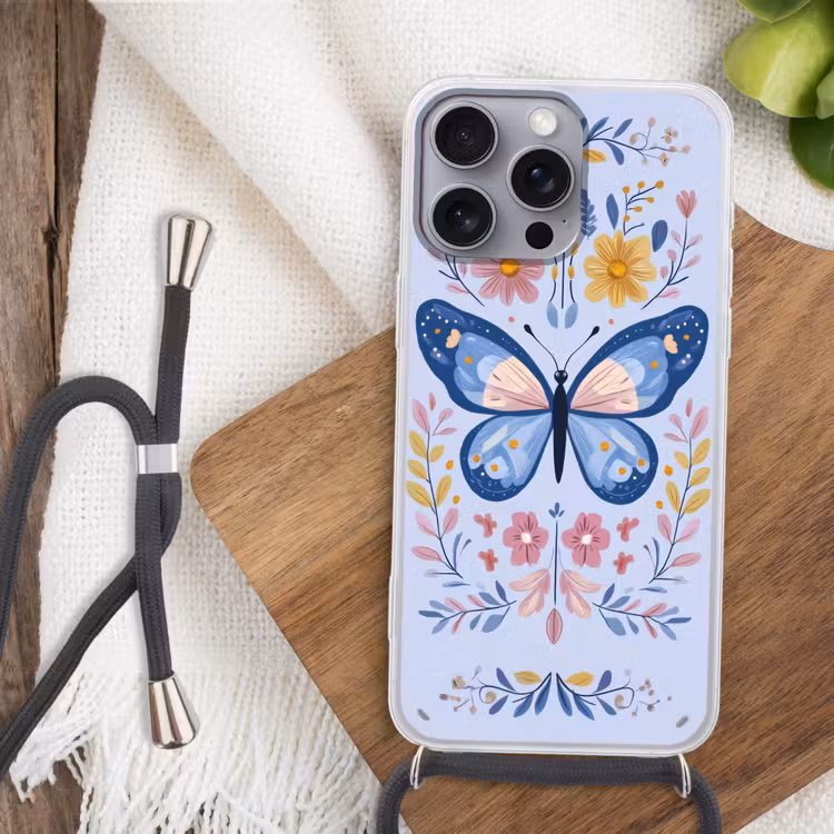 Vlinder - Lichtblauw - Sierlijk - Bloemen Hoesje iPhone 16 Pro Max met koord klein -sfeer4
