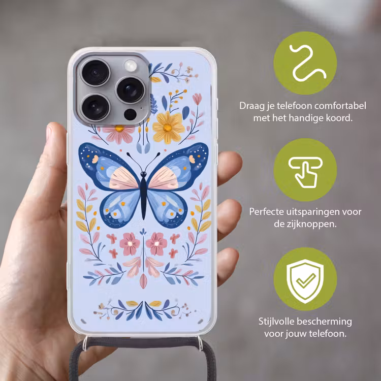 Vlinder - Lichtblauw - Sierlijk - Bloemen Hoesje iPhone 16 Pro Max met koord klein -sfeer2_NL
