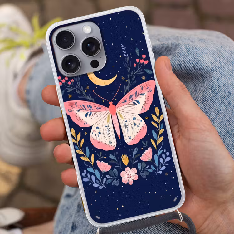 Vlinder - Maan - Bloemen - Sterrenhemel Hoesje iPhone 16 Pro Max met koord klein -sfeer3