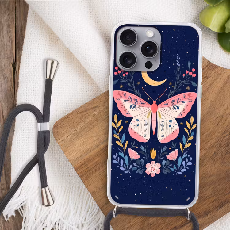 Vlinder - Maan - Bloemen - Sterrenhemel Hoesje iPhone 16 Pro Max met koord klein -sfeer4