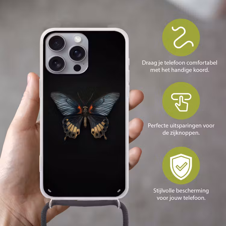 Vlinder - Metaalachtig - Geometrisch patroon Hoesje iPhone 16 Pro Max met koord klein -sfeer2_NL