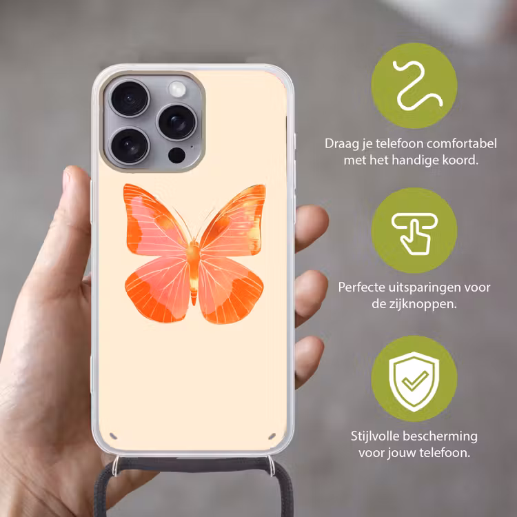Vlinder - Minimalistisch - Roze Hoesje iPhone 16 Pro Max met koord klein -sfeer2_NL