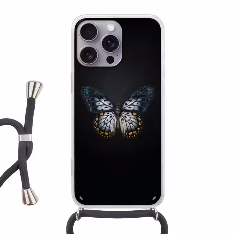 Vlinder - Monochroom - Balans Hoesje iPhone 16 Pro Max met koord klein -3d