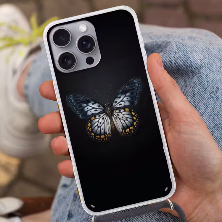 Vlinder - Monochroom - Balans Hoesje iPhone 16 Pro Max met koord klein -sfeer3