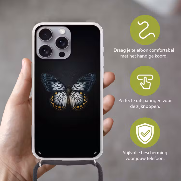 Vlinder - Monochroom - Balans Hoesje iPhone 16 Pro Max met koord klein -sfeer2_NL
