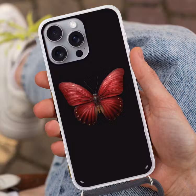 Vlinder - Rood - Minimalistisch Hoesje iPhone 16 Pro Max met koord klein -sfeer3