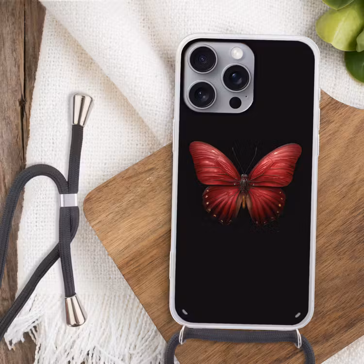 Vlinder - Rood - Minimalistisch Hoesje iPhone 16 Pro Max met koord klein -sfeer4