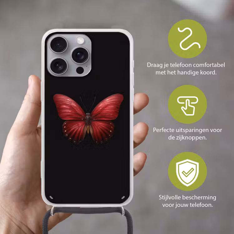 Vlinder - Rood - Minimalistisch Hoesje iPhone 16 Pro Max met koord klein -sfeer2_NL