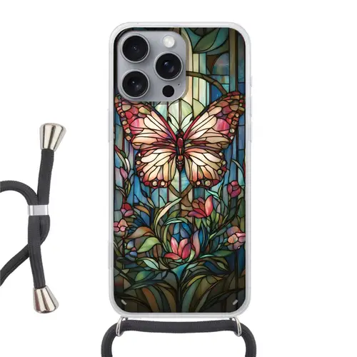 Vlinder - Roze - Bloemen - Bladeren Hoesje iPhone 16 Pro Max met koord klein -3d