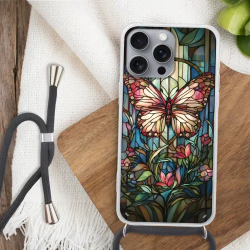 Vlinder - Roze - Bloemen - Bladeren Hoesje iPhone 16 Pro Max met koord klein -sfeer4