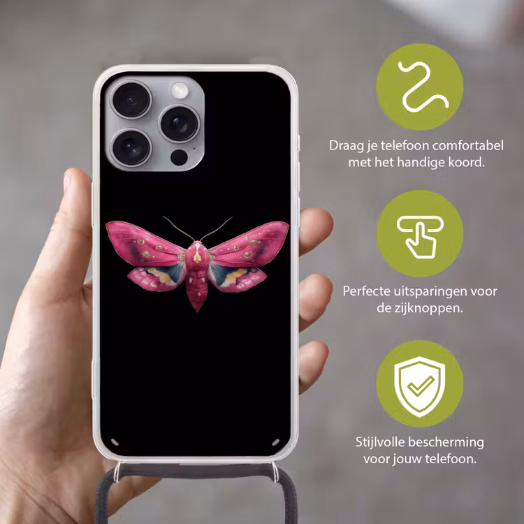 Vlinder - Roze - Nachtvlinder Hoesje iPhone 16 Pro Max met koord klein -sfeer2_NL