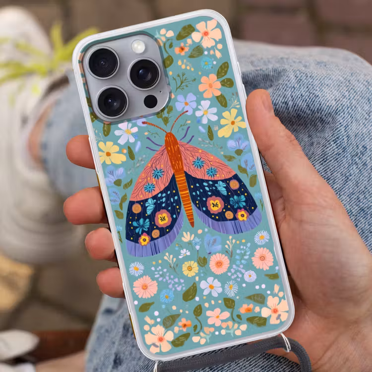 Vlinder - Sierlijk - Bloemen - Bladeren Hoesje iPhone 16 Pro Max met koord klein -sfeer3