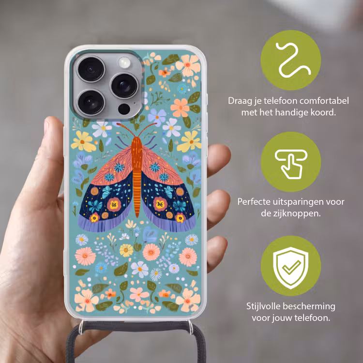 Vlinder - Sierlijk - Bloemen - Bladeren Hoesje iPhone 16 Pro Max met koord klein -sfeer2_NL