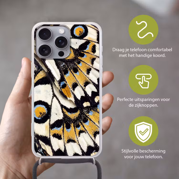 Vlinder - Vleugel - Geel Hoesje iPhone 16 Pro Max met koord klein -sfeer2_NL