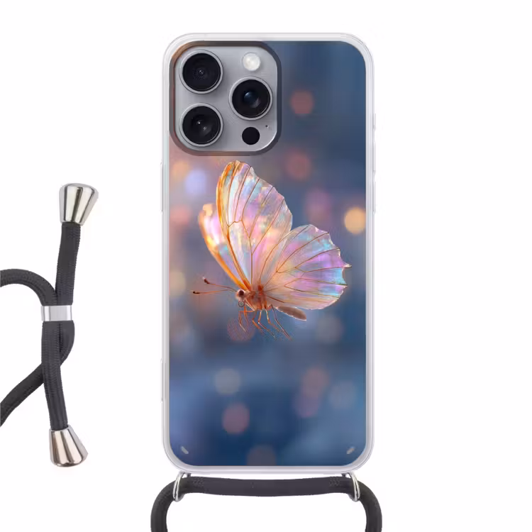 Vlinder - Vleugels - Pastel - Glinstering Hoesje iPhone 16 Pro Max met koord klein -3d