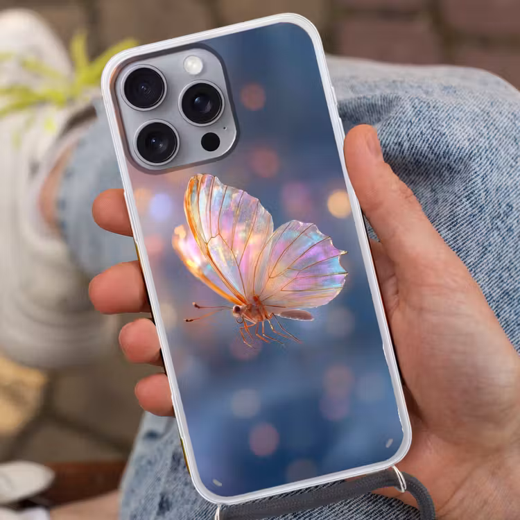 Vlinder - Vleugels - Pastel - Glinstering Hoesje iPhone 16 Pro Max met koord klein -sfeer3