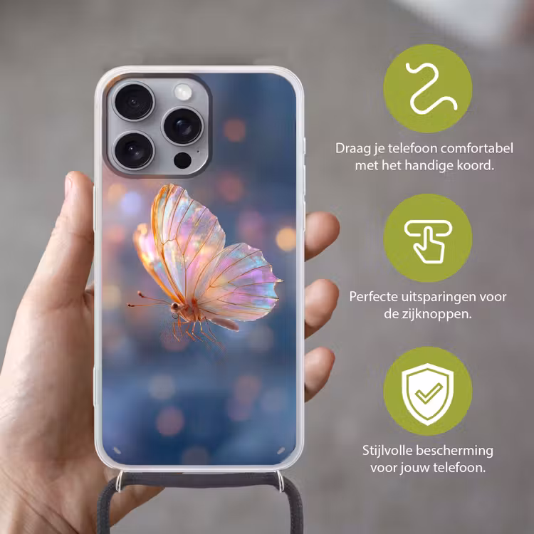 Vlinder - Vleugels - Pastel - Glinstering Hoesje iPhone 16 Pro Max met koord klein -sfeer2_NL