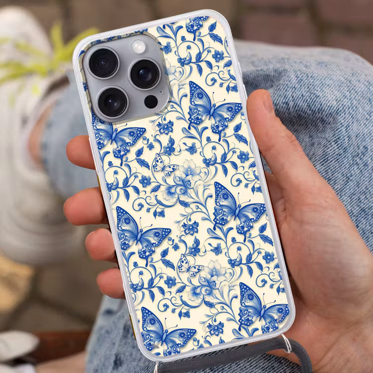 Vlinders - Bloemen - Blauw - Botanisch Hoesje iPhone 16 Pro Max met koord klein 804 -sfeer3