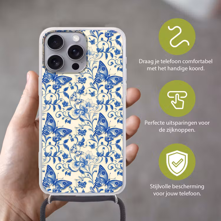 Vlinders - Bloemen - Blauw - Botanisch Hoesje iPhone 16 Pro Max met koord klein 804 -sfeer2_NL