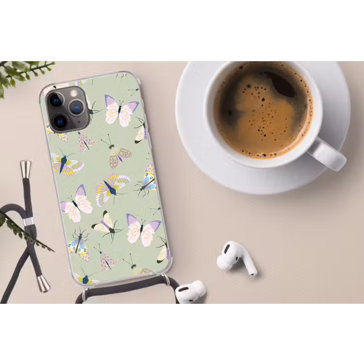 Vlinders - Insecten - Groen - Kleurrijk Hoesje iPhone 12 Pro met koord klein -oordop