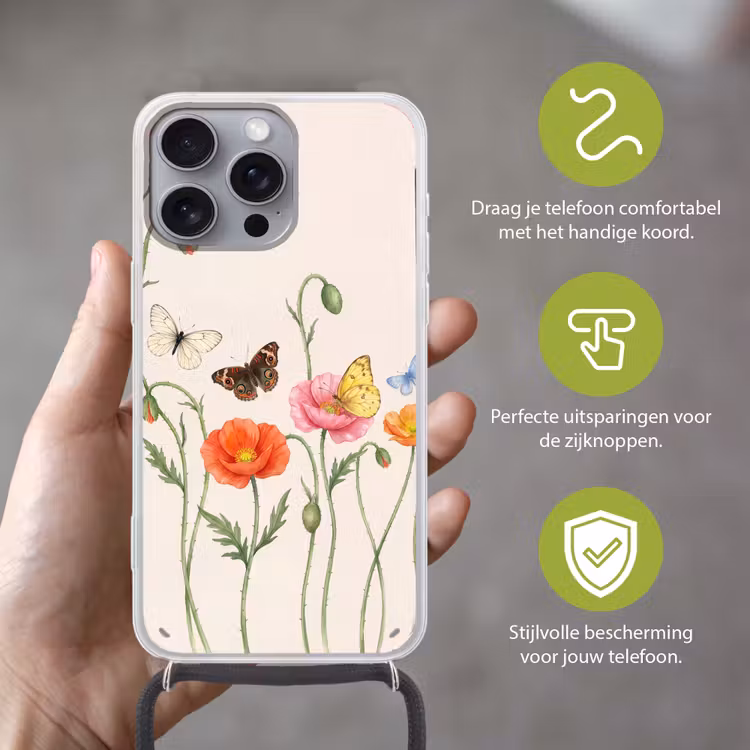 Vlinders - Klaprozen - Illustratie - Kleurrijk Hoesje iPhone 16 Pro Max met koord klein -sfeer2_NL