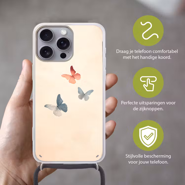 Vlinders - Minimalistisch - Roze Hoesje iPhone 16 Pro Max met koord klein -sfeer2_NL