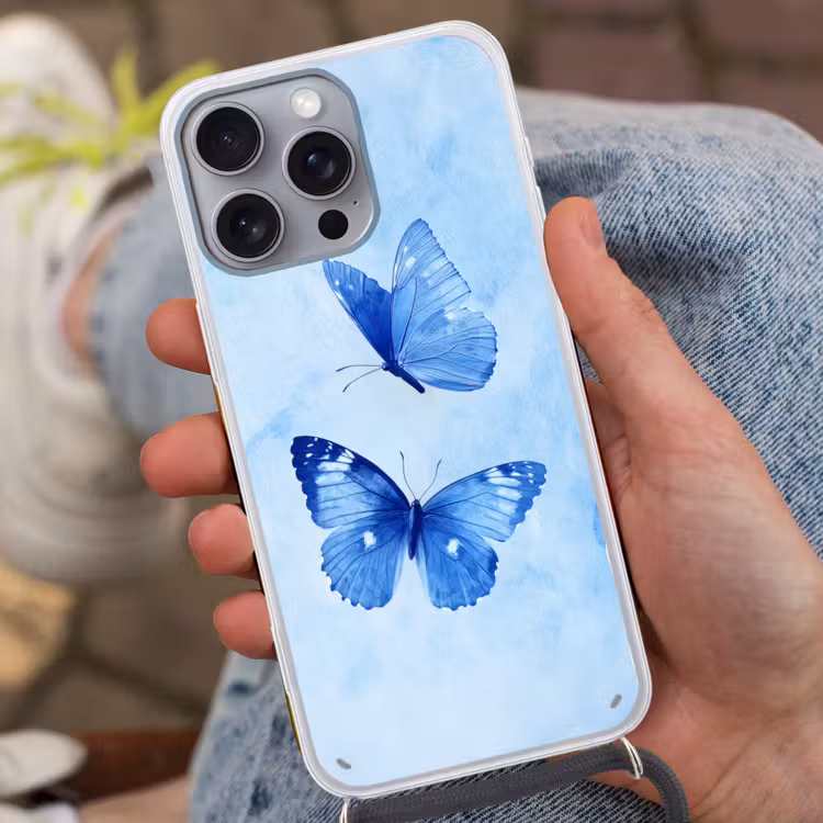 Vlinders - Sierlijk - Blauw Hoesje iPhone 16 Pro Max met koord klein -sfeer3