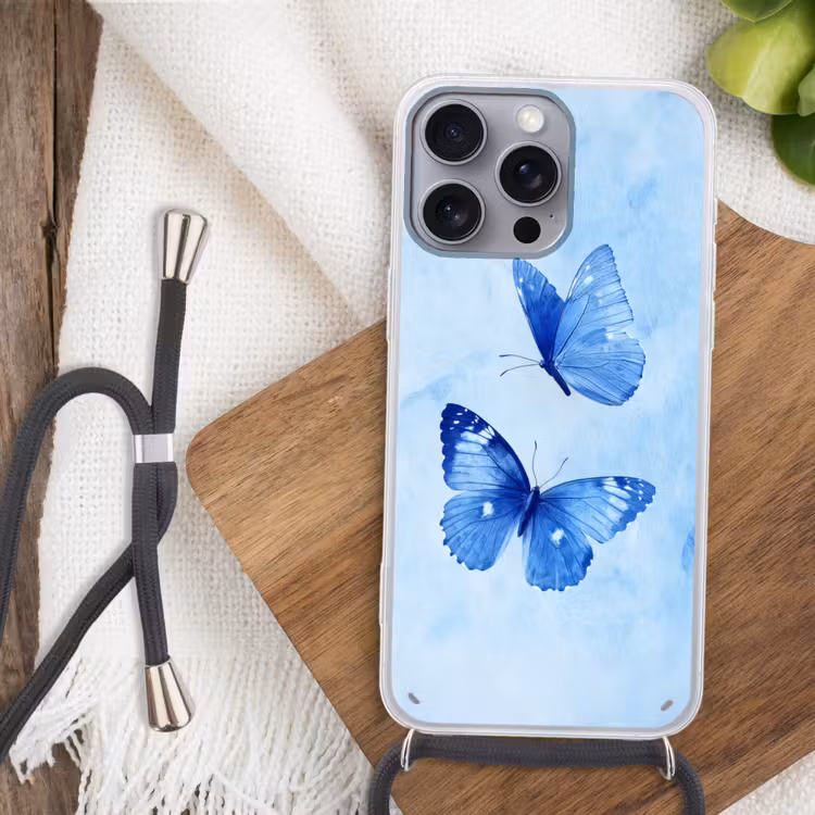 Vlinders - Sierlijk - Blauw Hoesje iPhone 16 Pro Max met koord klein -sfeer4