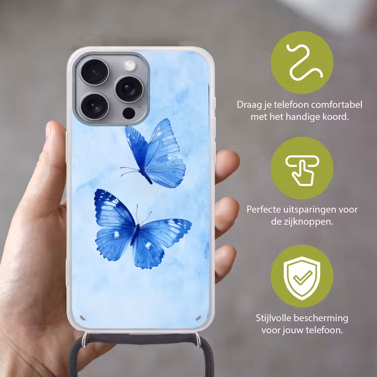 Vlinders - Sierlijk - Blauw Hoesje iPhone 16 Pro Max met koord klein -sfeer2_NL